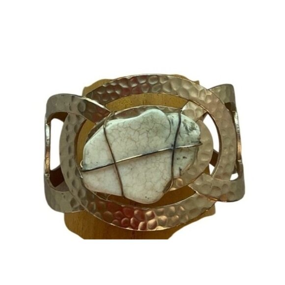 Hammered Gold-Tone Cuff Bracelet Matte Oval White Stone Boho Adjustable - Picture 2 of 11